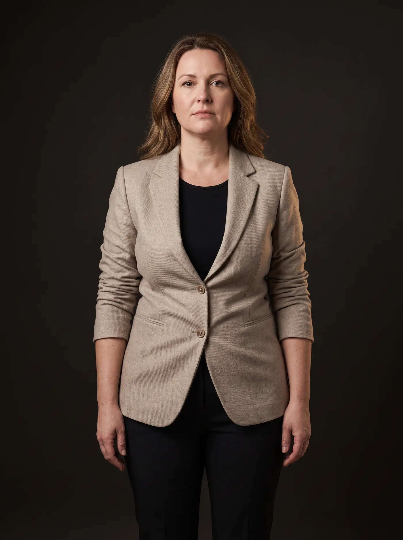 Size M blazer that is too tight on a woman